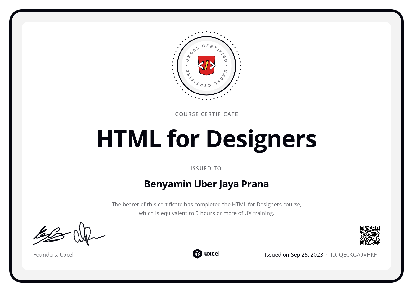 Benyamin Uber Jaya Prana's certificate